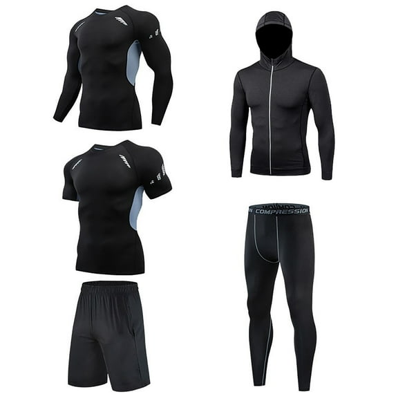 5Pcs Outfit Set for Men's Compression Pants Shirt Top Long Sleeve Jacket Athletic Sets Gym Clothing Male Workout