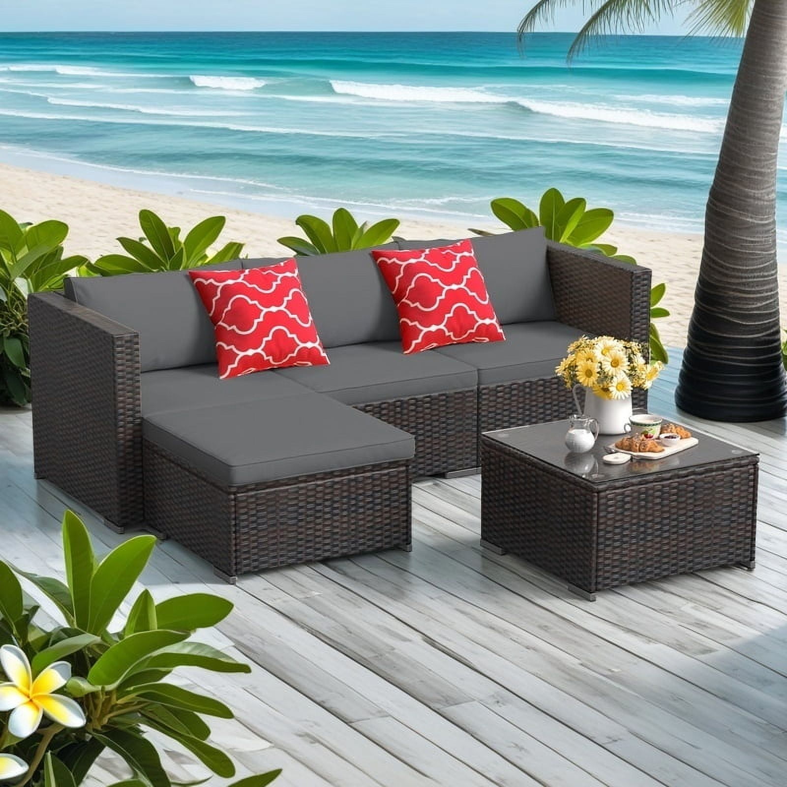 Aiho Large Sofa Conversation 5 Piece Rattan Patio 