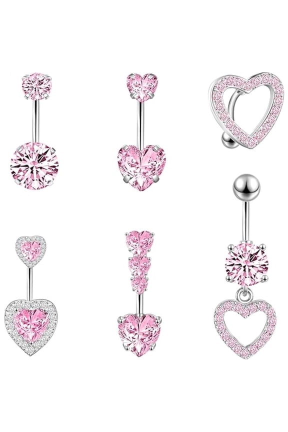 5Pcs Pink Heart Belly Button Rings 316L Surgical Steel Navel Piercings 14G Cute Belly Ring Set for Women Summer Beach Holiday