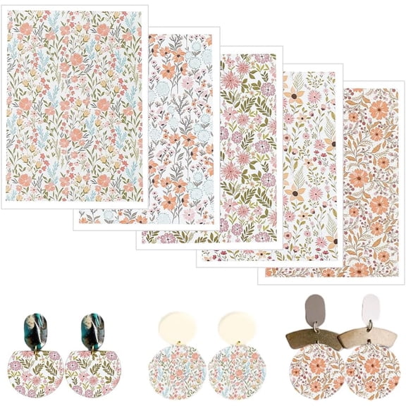5Pcs Polymer Clay Transfer Sheets Floral Transfer Paper Pottery Underglaze Papers Plant Natural Clay Transfer Papers Orange for Polymer Clay Earrings Jewelry Design colorful