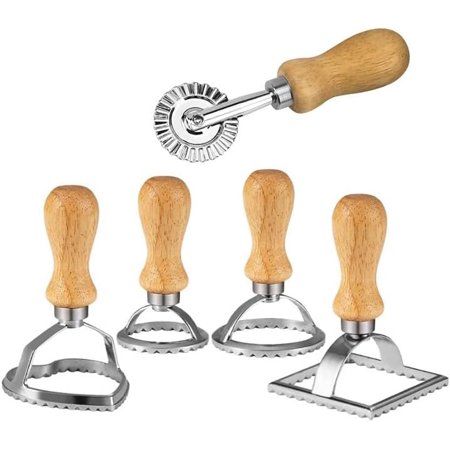 5Pcs Ravioli Stamp Set, Ravioli Cutters with Wooden Handle Ravioli Pastry Cutter Dumpling Maker for Making Ravioli, Empanadillas or Cookies