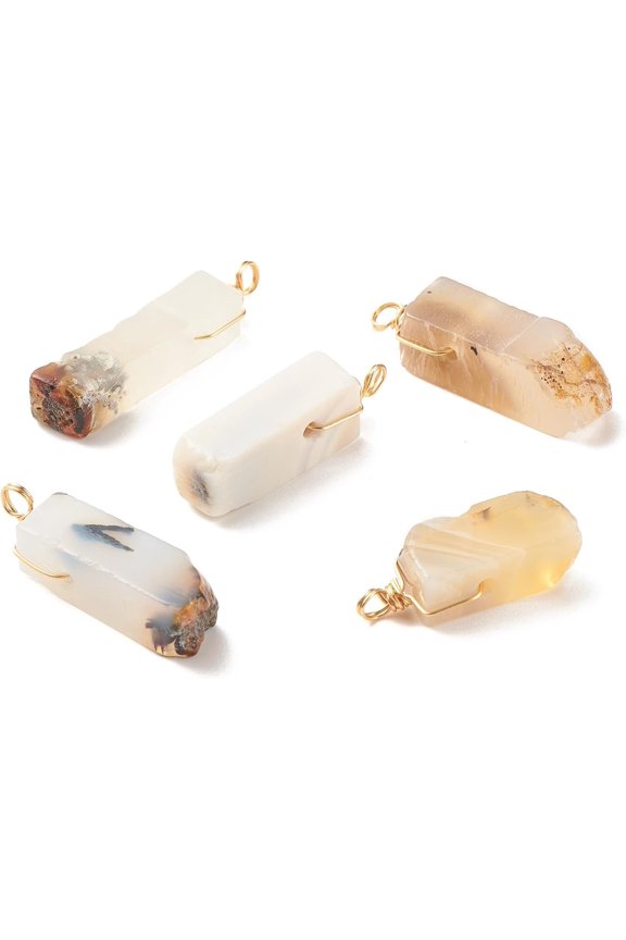 5Pcs Rectangle Natural Dendritic Agate Pendants Pendants Charms with Golden Tone Copper Wire Wrapped Mixed Color Pendant Ornament