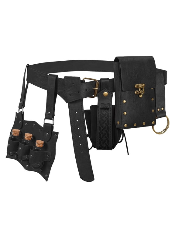 5Pcs Renaissance Belt Steampunk Medieval Viking Leather Belt Pouch with 3 Potion Bottles for Women Men Outfits Accessories
