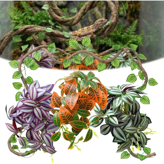 5Pcs Reptile Tank Decor Set 3 Hanging Artificial Plants + 3.3ft Jungle Vine for Geckos Lizards Snakes