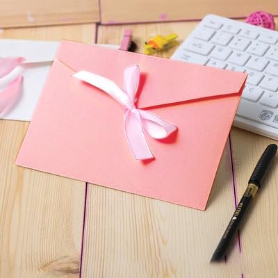 5Pcs Retro Kraft Paper Envelopes with Silk Ribbon Rectangle with Bowknot Pink 110x220mm handmade