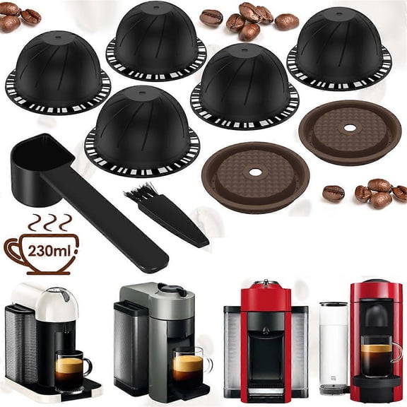 5Pcs Reusable Vertuo Pods for Nespresso Machine, Coffee Capsule with 2 Silicone Lids 1 Spoon and Bru