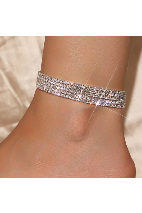 5Pcs Rhinestone Ankle Bracelet Set, Elastic Crystal Tennis Anklets for Women, Stretchy Sparkling Leg Jewelry for Parties