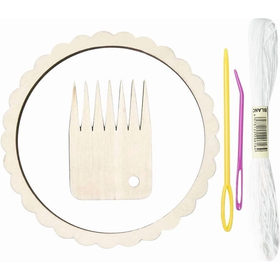 5Pcs Round Loom Knitting Tools Wood Weaving Loom Kit Natural Wooden Hand Knitting Comb Small Frame Board Set with Plastic Crochet Needles and Wool Threads