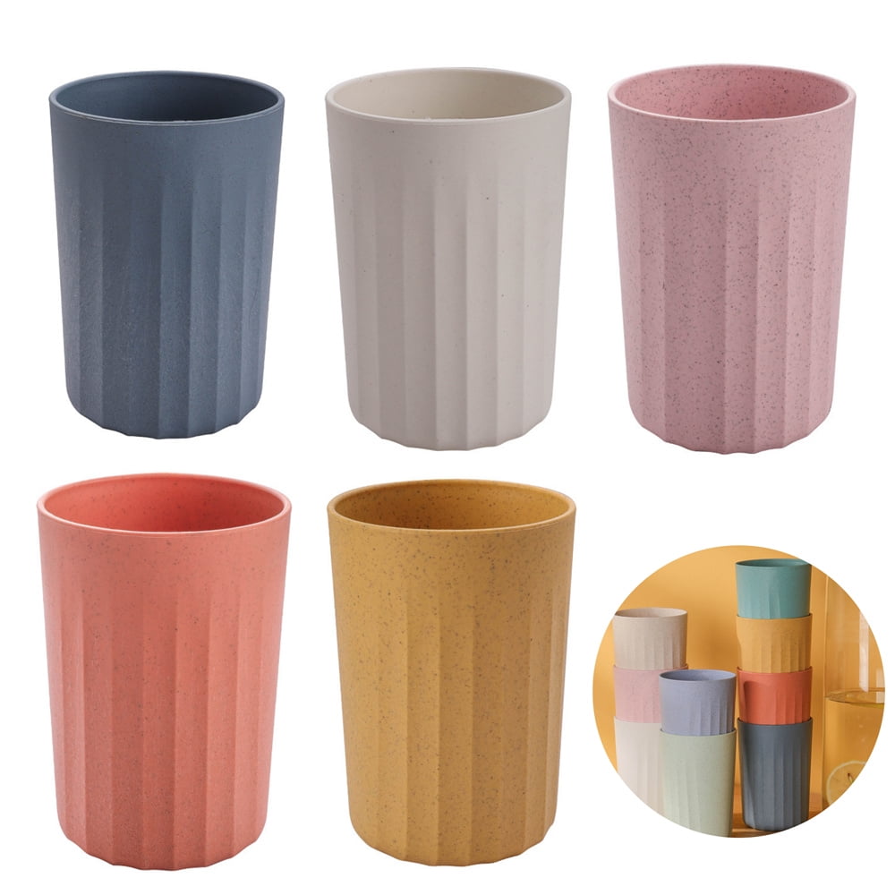 5Pcs Round Vertical Lines Beverage Cup,Wheat Straw Cup,Unbreakable Drinking Cup,Thickened Plastic Cups,Toothbrush Storage Cups,Reusable Water Cups,for Home Kitchen Bathroom Party12oz