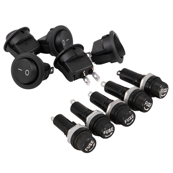 5Pcs SPST Black Button On/ Round Rocker Switch with 5Pcs AC 125V 15A Panel Mount Fuse Holder