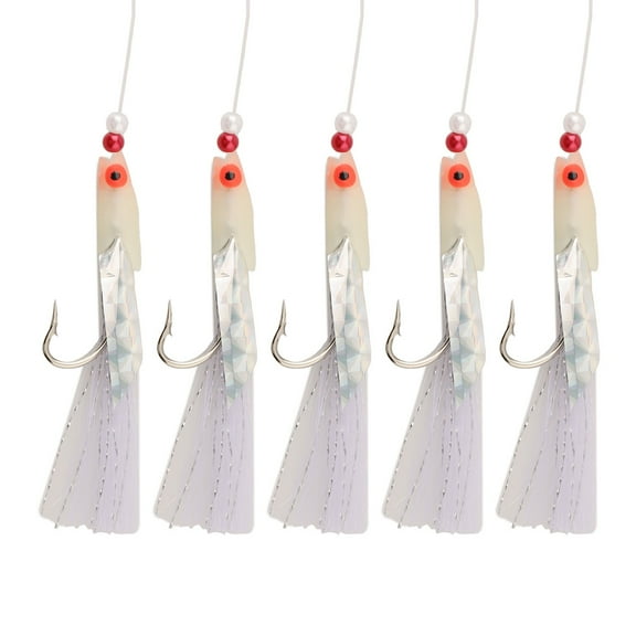 5Pcs Sabiki Fishing Rigs With 6 Hooks Each Soft Feather Lure Bait Jigs For Herring And Mackerel Red And White High-Carbon Steel Hooks 150Cm Length