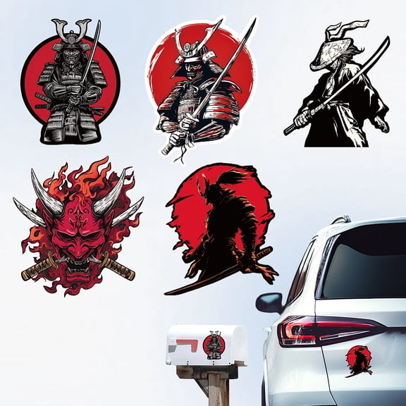 5Pcs Samurai Warrior Sticker Plastic Reflective Japen Bushido Decals Waterproof Japanese Warriors Spirit Clings