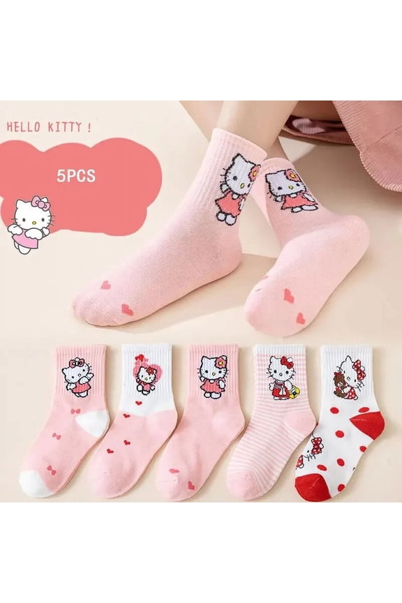 5Pcs Sanrio Anime Hello Kitty Socks My Melody Comfortable Breathable Cotton Socks Cartoon Kawaii Cute Mid-tubesocks Kids Gifts