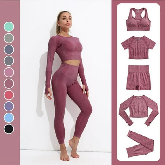 5Pcs Seamless Women's Yoga Set Fitness Long Sleeve Crop Top High Waist Leggings Tracksuit Workout Activewear Workout Wear