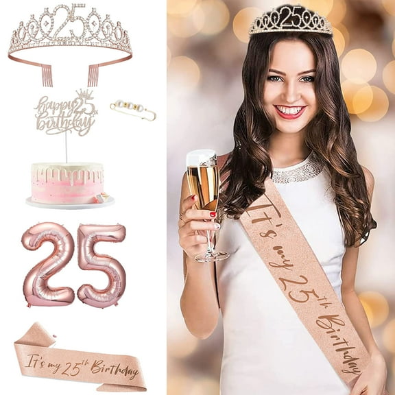 5Pcs/Set 10th 15th 25th 30th 40th 50th 60th Birthday Decoration Sweet Rhinestones Balloon with Charm Pin Birthday Cake Topper Tiara Crown Queen Sash Kit Party Supplies