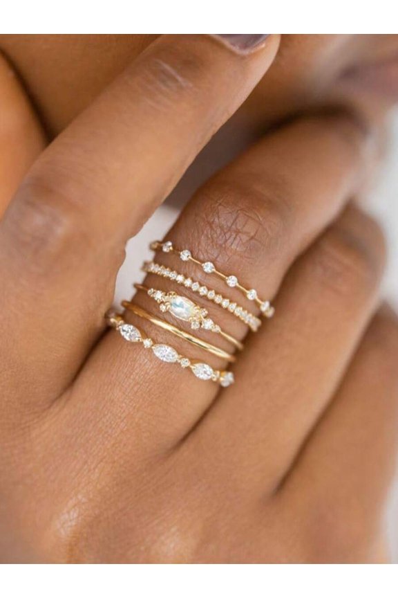 5Pcs/Set A Goldtone Stackable Dainty Rings For Women With Cubic Zirconia And White Opal