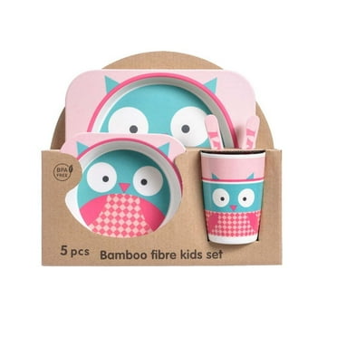 5Pcs/Set Bamboo Kids Dinnerware Set - Children Dishes - BPA Free Food Plate Bowl Cup Spoon Fork Set Dishware, Cartoon Tableware - Owl BD