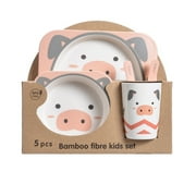 5Pcs/Set Bamboo Kids Dinnerware Set - Children Dishes - BPA Free Food Plate Bowl Cup Spoon Fork Set Dishware, Cartoon Tableware - Pink Pig