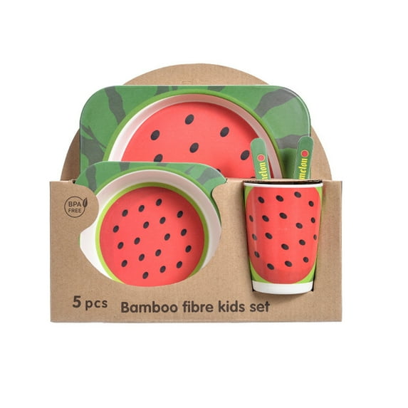 5Pcs/Set Bamboo Kids Dinnerware Set - Children Dishes - BPA Free Food Plate Bowl Cup Spoon Fork Set Dishware, Cartoon Tableware - Watermelon