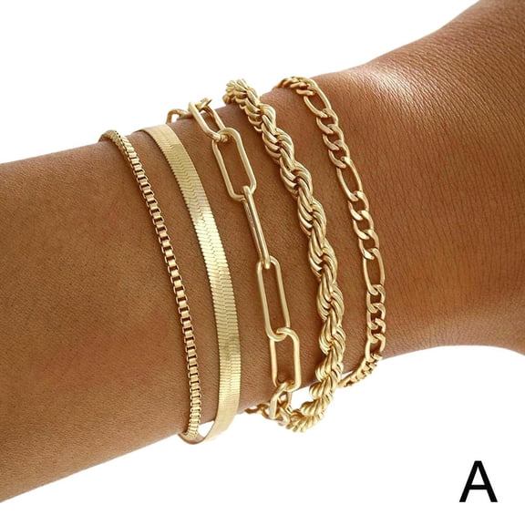 5Pcs/Set Fashion Thick Chain Link Bracelets Set For Women Gold Color/s K4J5
