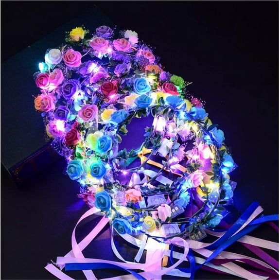 5Pcs/Set Mixed Colors LED Flashing Roses Flower Crown Headbands Bohemian Artificial Hair Wreath for Women Girls Holiday Wedding Christmas Halloween Party (5pcs)