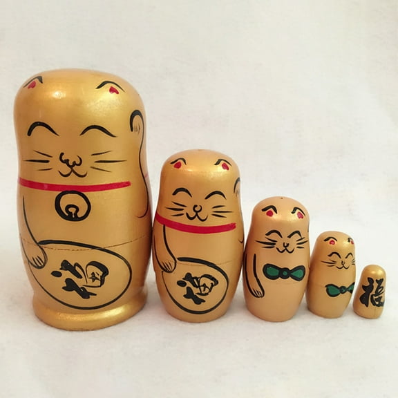 5Pcs/Set Nesting Dolls Hand-painted Home Decoration Wood Lucky Cat Matryoshka Gift for Shop