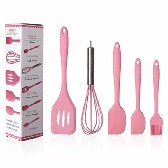 5Pcs/Set Pink or Red Silicone Cooking Tool Sets Egg Beater Spoon Spatula Oil Brush Kitchenware Kitchen Utensils Sets with Box - Pink