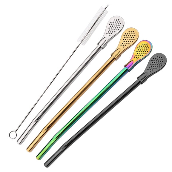 5Pcs/Set Silver Stainless Steel Drinking Straws Washable Reusable Yerba Mate Spoon Filter Straw for Cocktail Bar Accessories