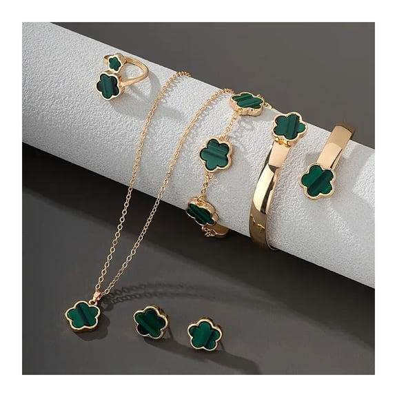 5Pcs/Set Women Jewelry Set Lucky Flower Decor Sparkling Rhinestones Necklace Bracelet Bangle Earrings Ring Set Fashion Jewelry