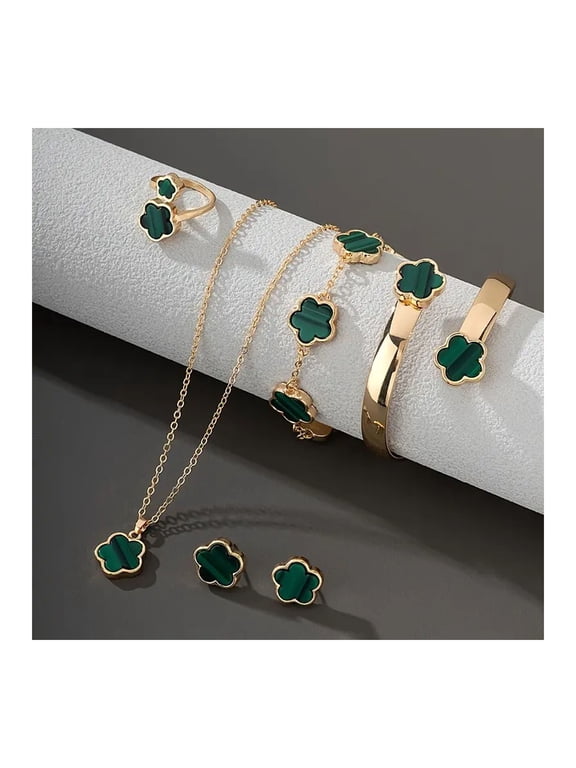 5Pcs/Set Women Jewelry Set Lucky Flower Decor Sparkling Rhinestones Necklace Bracelet Bangle Earrings Ring Set Fashion Jewelry