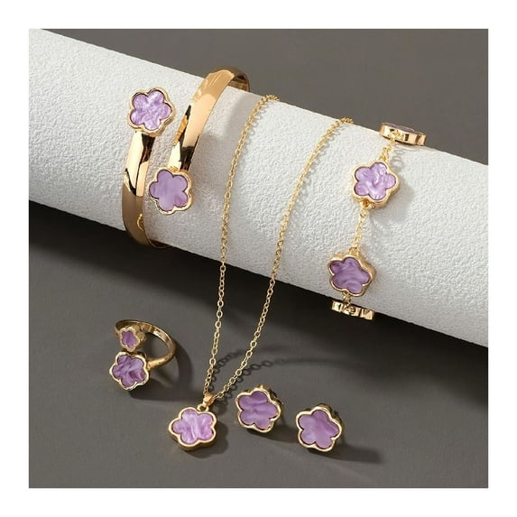 5Pcs/Set Women Jewelry Set Lucky Flower Decor Sparkling Rhinestones Necklace Bracelet Bangle Earrings Ring Set Fashion Jewelry