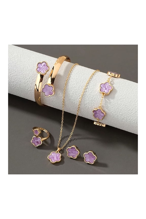 5Pcs/Set Women Jewelry Set Lucky Flower Decor Sparkling Rhinestones Necklace Bracelet Bangle Earrings Ring Set Fashion Jewelry