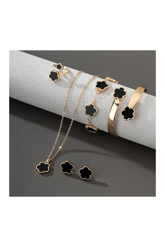5Pcs/Set Women Jewelry Set Lucky Flower Decor Sparkling Rhinestones Necklace Bracelet Bangle Earrings Ring Set Fashion Jewelry