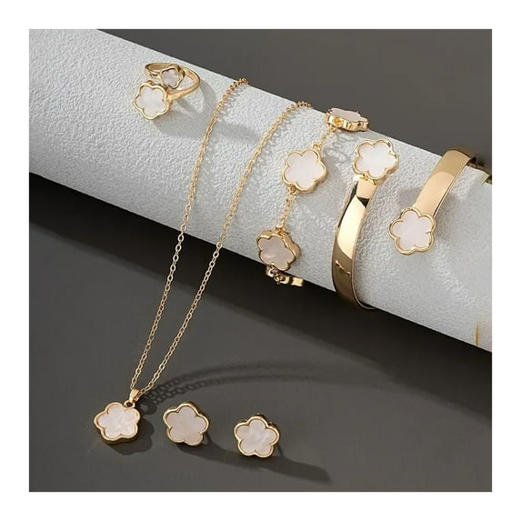 5Pcs/Set Women Jewelry Set Lucky Flower Decor Sparkling Rhinestones Necklace Bracelet Bangle Earrings Ring Set Fashion Jewelry