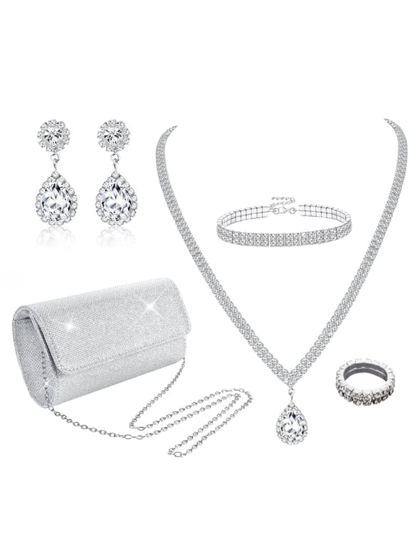5Pcs Set of Women's Silver Rhinestone Jewelry set and Clutch Purse , Evening Bag and Necklace Earrings Bracelets Ring Set For Women Bride Wedding, Dinners Party, Date, Valentine's Day Birthday Gifts