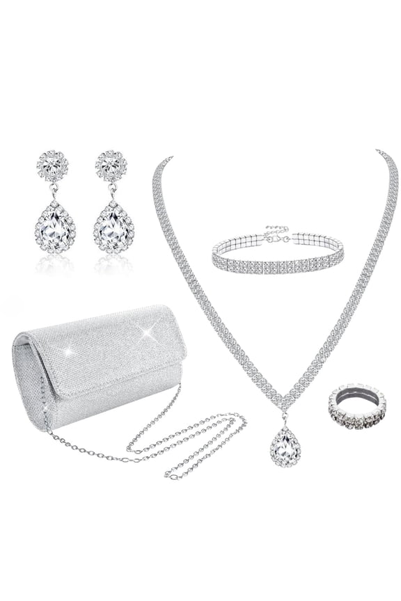 5Pcs Set of Women's Silver Rhinestone Jewelry set and Clutch Purse , Evening Bag and Necklace Earrings Bracelets Ring Set For Women Bride Wedding, Dinners Party, Date, Valentine's Day Birthday Gifts