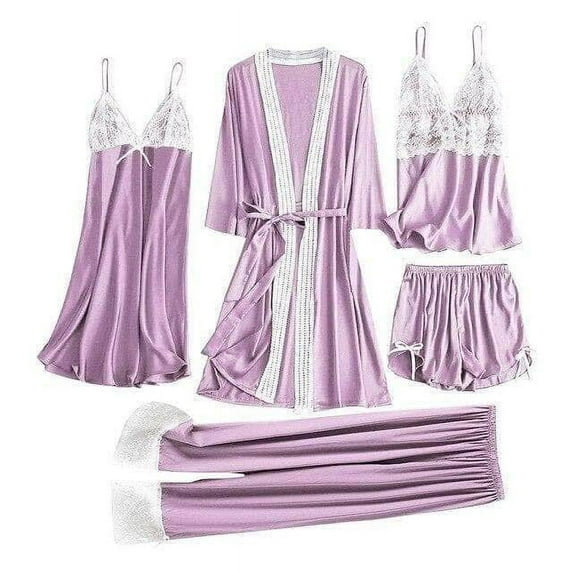5Pcs Sexy Women Pajamas Sets Ladies Satin Lace Trousers Shorts Nightdress Robe Pajamas Lingerie