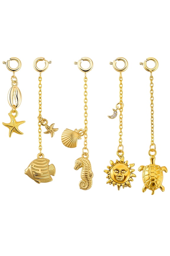 5Pcs Shell Beach Keychain Golden Metal Ocean Theme Keychains with Brass Spring Clasps Cute Seashell Starfish Seahorse Sun Bag Charms