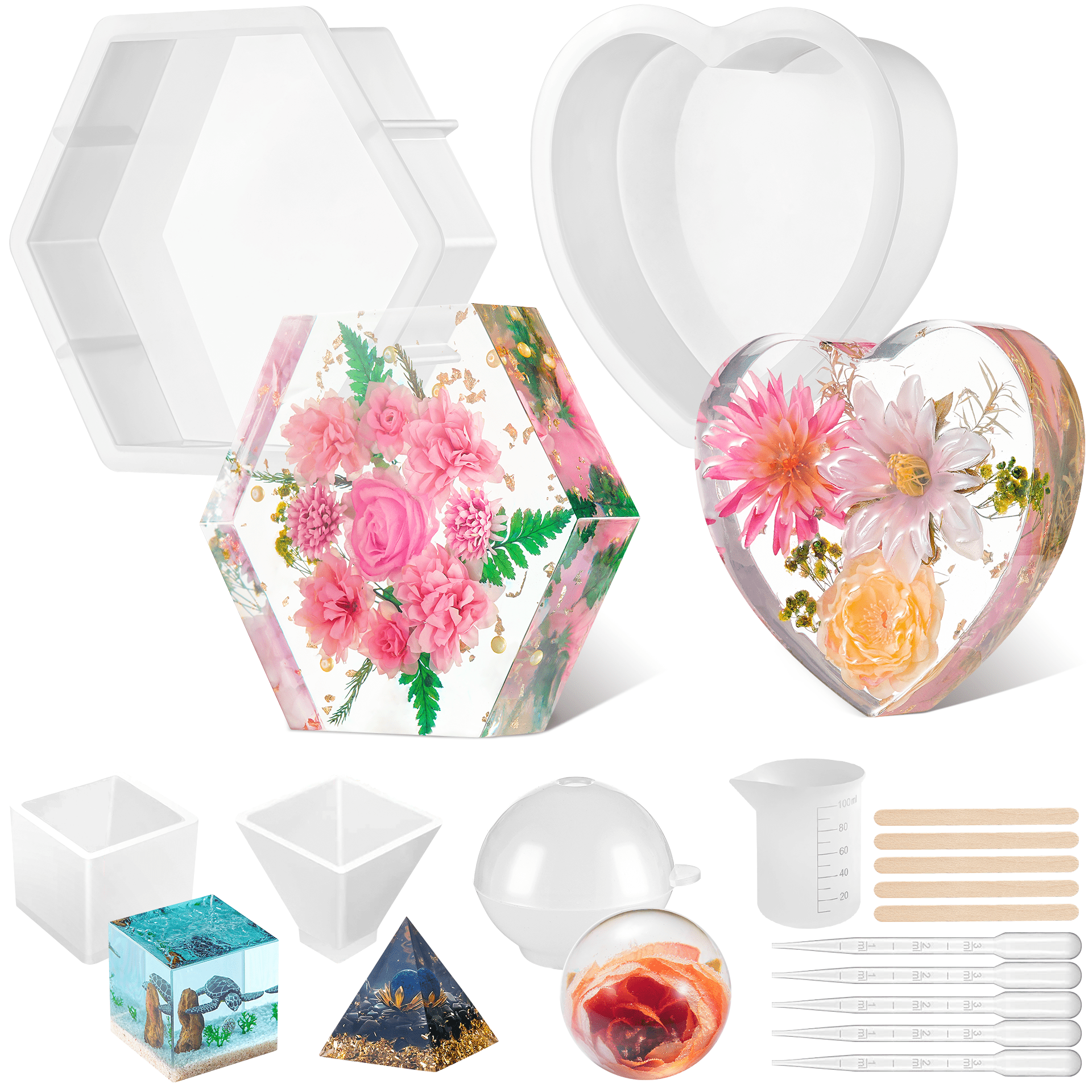 5Pcs Silicone Resin Molds Including Hexagon, Heart, Sphere, Pyramid, Cube with Measuring Cup Supplies for Flower Preservation DIY Art Home Decor