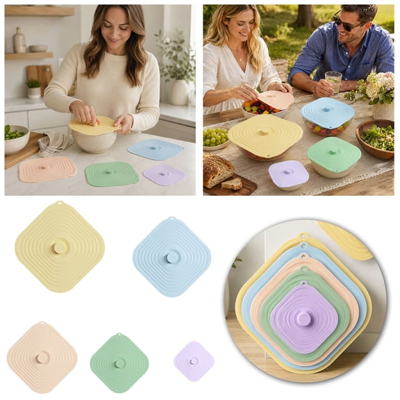 5Pcs Silicone Suction Lid For Bowl Universal Food Sealing Lids Cold And Heat Silicone Food Cover Size Airtight Lid Microwave Splatter Covers With Handle For Cup