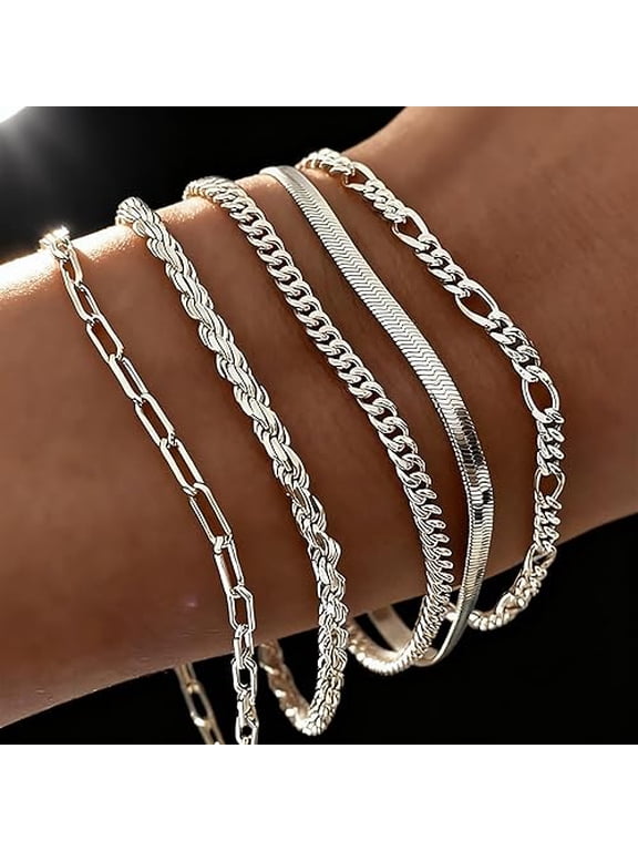 5Pcs Silver Bracelets for Women Waterproof Fashionable Jewelry Sets Trendy Thin Dainty Stackable Cuban Link Paperclip Chain Bracelet Pack