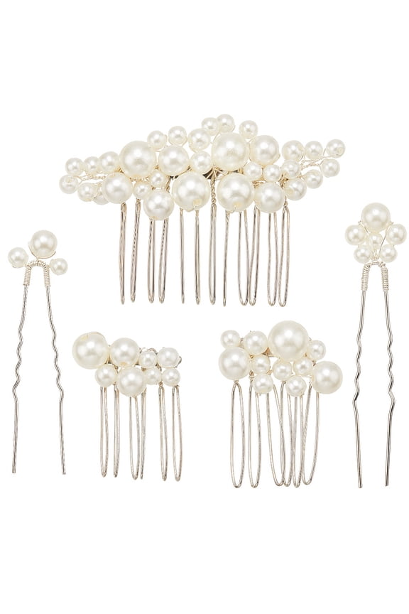 5Pcs Silver Bridal Pearl Hair Pins Clips Combs Decorations Accessories Kit Retro Different Size Barrette U Shape Bobby Pin DIY