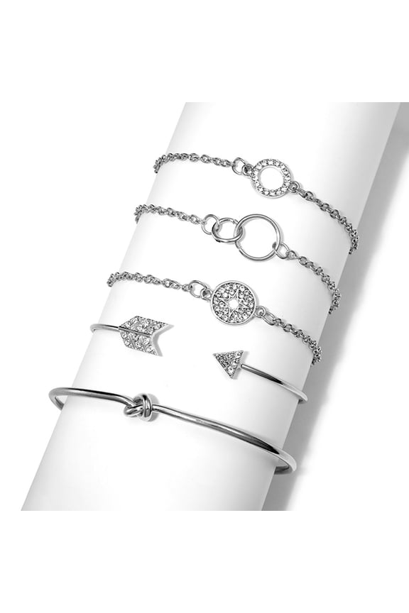 5Pcs Simple Round Diamond Studded Arrow Bracelet, Hand Strap Material, Rope Chain, Adjustable Length (18cm), Silver Color, Fashion Style, for Women, Daily Wear Accessory