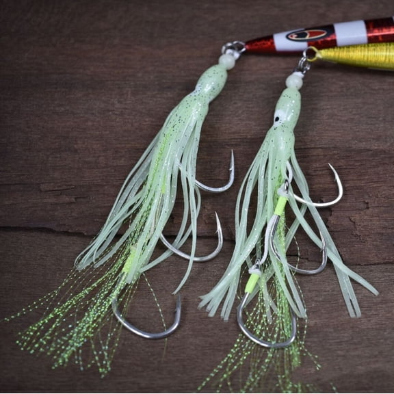 5Pcs Skirt Squid Hook Glow Rubber Jigging Fishing Lure Triple Assist Hook 5/0#
