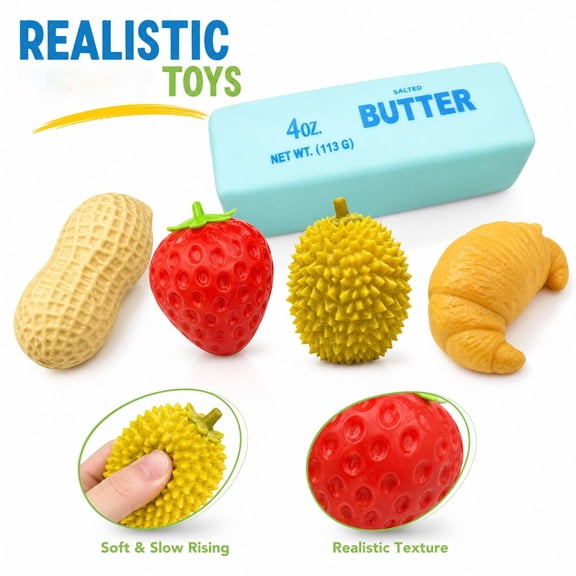 5Pcs Slow Rising Squishy Box, Food Shaped Sensory Fidget Toys for Adults, Butter Peanut Strawberry Squishies, Stress Relief Gift for Office, Classroom and Travel