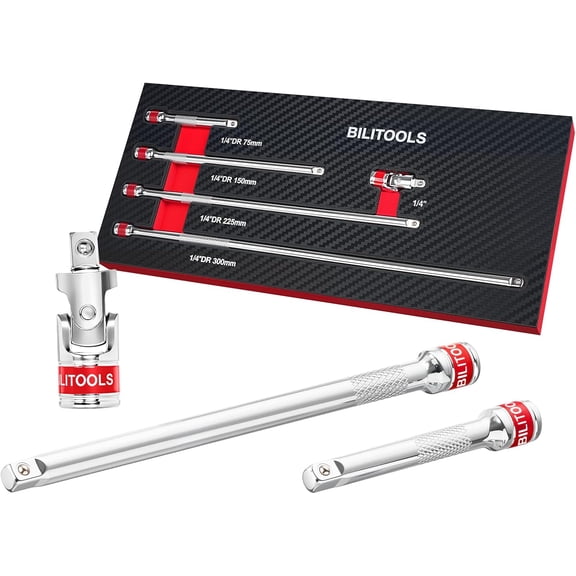 5Pcs Socket Extension Set, 1/4 Drive, Universal Joint, 3-12in | Cr-V Steel, Mirror Finish, Rust-Resistant. Anti-Slip Grip for High Torque. U-Joint Reaches Tight Angles. EVA Foam Tray