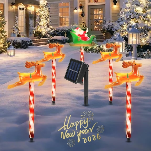 5Pcs Solar Chritsmas Light with 8Modes, Decorative Outdoor Pathway Stake Light Waterproof, Warm Yellow, Deer