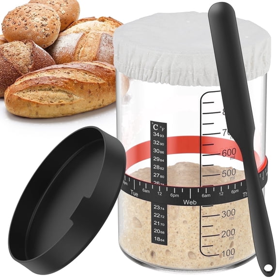 Wide Mouth Sourdough Starter Jar Kit, 34 oz (1000ml) Glass Fermentation Container with Breathable Cloth Lid and Marked Scale