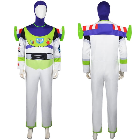5Pcs Space Ranger Jumpsuit, Space Ranger Costume Adult Buzz Astronaut Costume Halloween Cosplay One Piece Bodysuit With Hood Wing Foot Cover-Jumpsuit+Headband +Back Decoration *+Footrest, L
