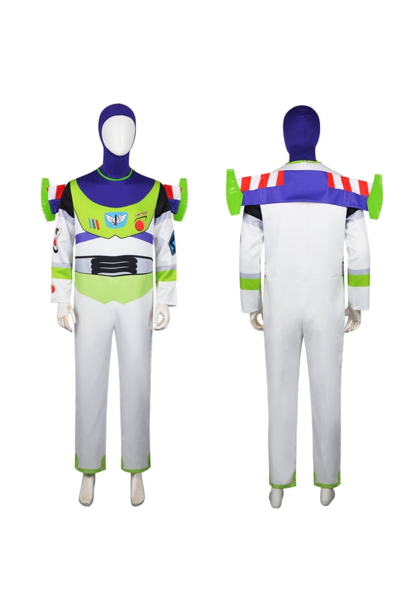 5Pcs Space Ranger Jumpsuit, Space Ranger Costume Adult Buzz Astronaut Costume Halloween Cosplay One Piece Bodysuit With Hood Wing Foot Cover-Jumpsuit+Headband +Back Decoration *+Footrest, L